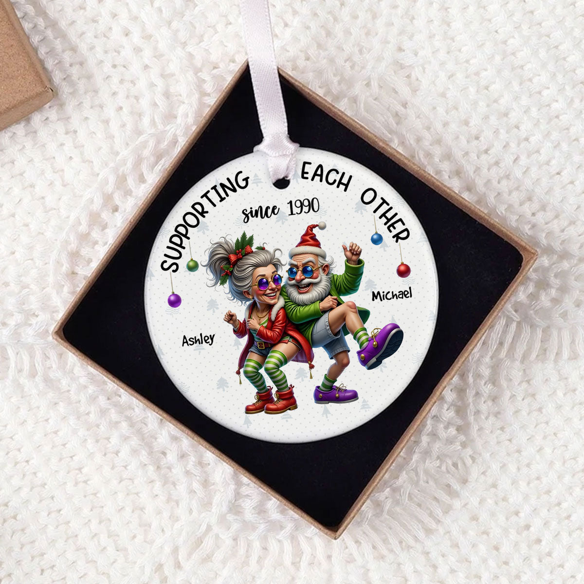 Funny Elderly Couple Christmas Party Whimsical Holiday Personalized Ceramic Ornament