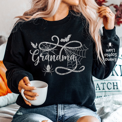 Custom Grandma Halloween With Grandkids Glitter Sweatshirt