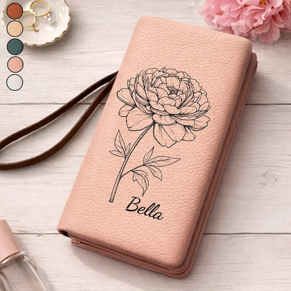 Blooming With Birth Flowers - Personalized Tri-Fold PU Leather Wristlet Wallet