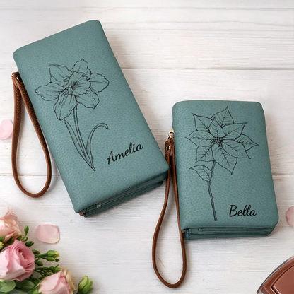 Blooming With Birth Flowers - Personalized Tri-Fold PU Leather Wristlet Wallet