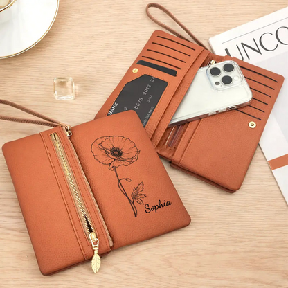 Blooming With Birth Flowers - Personalized Tri-Fold PU Leather Wristlet Wallet