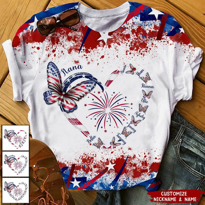 Butterfly Grandma Kid With Heart 4th July Personalized 3D T-shirt Shirts & Tops The Next Custom Gift