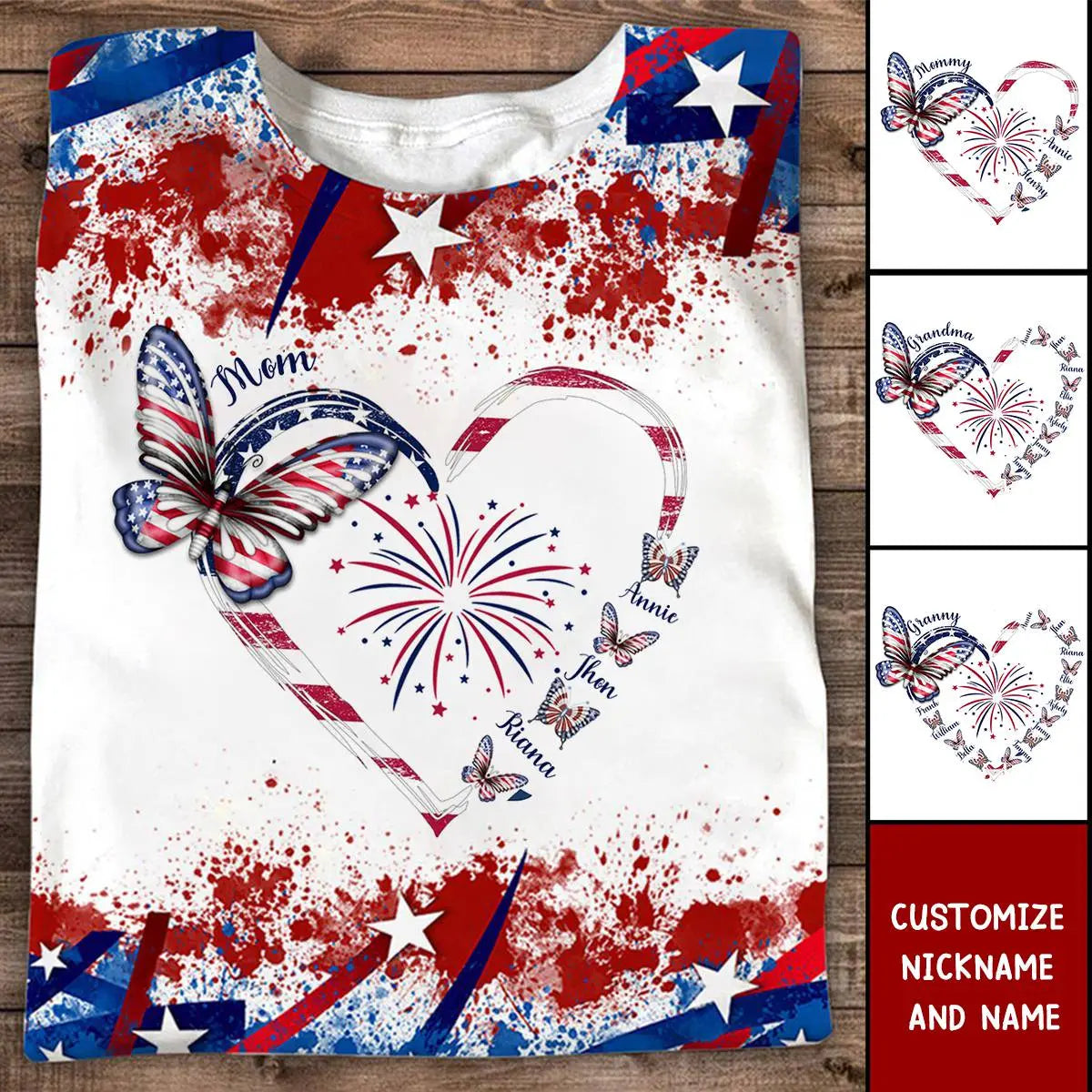 Butterfly Grandma Kid With Heart 4th July Personalized 3D T-shirt Shirts & Tops The Next Custom Gift