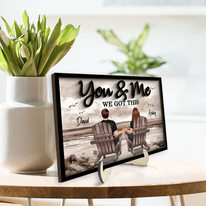 Retro Vintage Back View Couple Sitting Beach Landscape Personalized 2-Layer Wooden Plaque