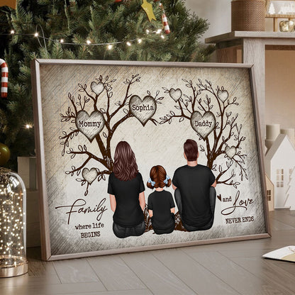 Family Heart Tree Sitting Personalized Poster, Home Decoration, Gift For Family