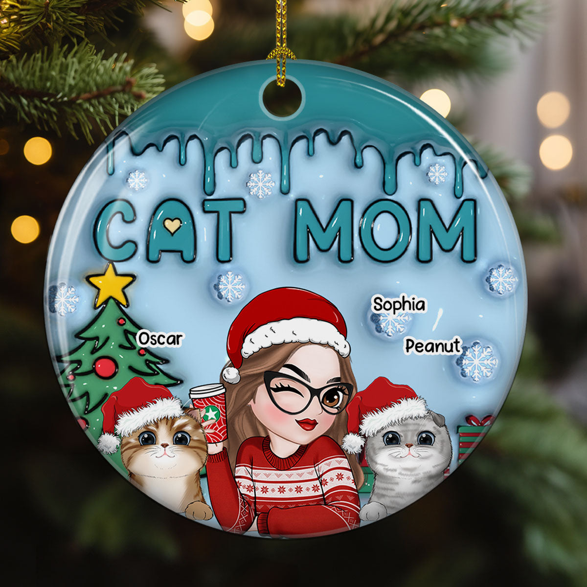 Lovely Cat Mom - Personalized Custom 3D Inflated Effect Ceramic Ornament