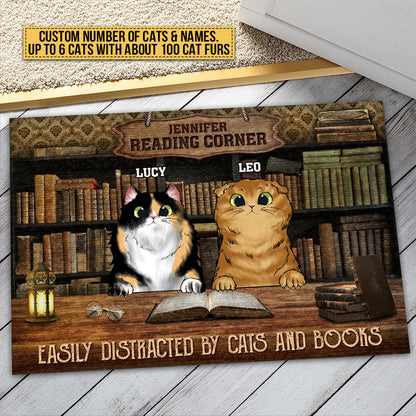 Cat Reading Corner Easily Distracted By Cats And Books Custom Doormat, Personalized Funny Cat Doormat, Gift For Cat Lovers, Reading Lovers