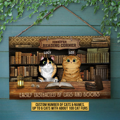 Cat Reading Corner Easily Distracted By Cats And Books Custom Wood Rectangle Sign, Personalized Funny Cat Wood Sign, Gift For Cat Lovers, Reading Lovers