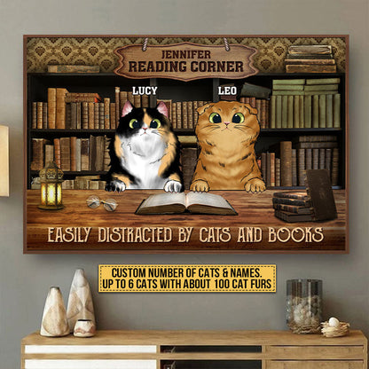 Cat Reading Corner Easily Distracted By Cats And Books Custom Poster, Personalized Funny Cat Poster, Gift For Cat Lovers, Reading Lovers