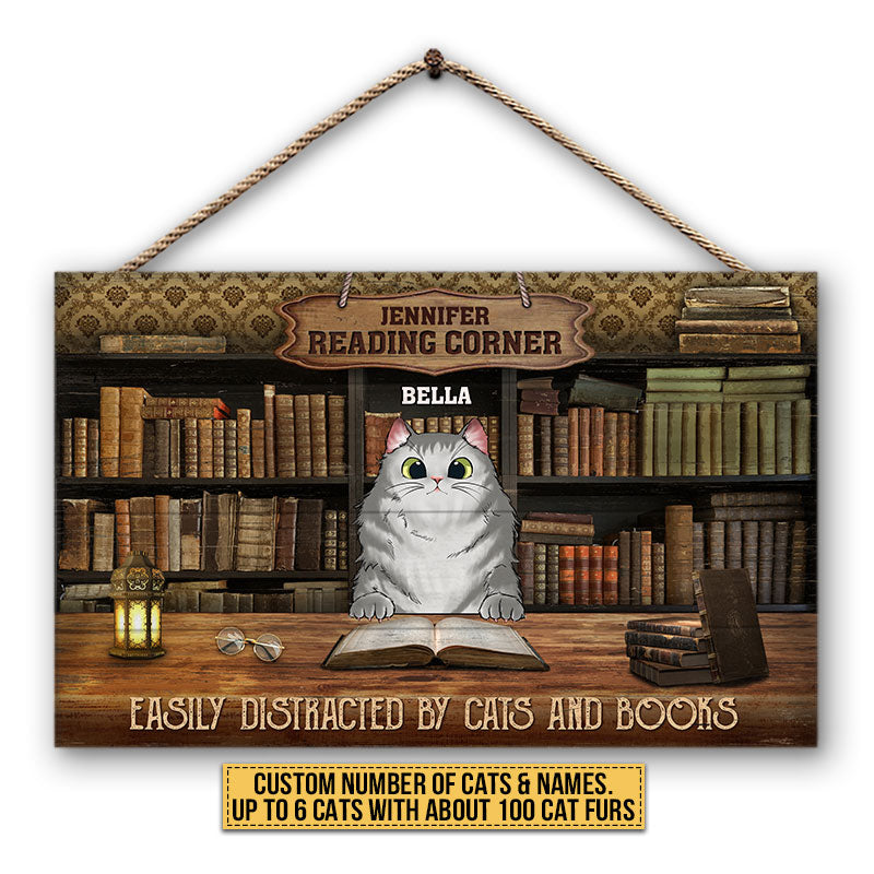 Cat Reading Corner Easily Distracted By Cats And Books Custom Wood Rectangle Sign, Personalized Funny Cat Wood Sign, Gift For Cat Lovers, Reading Lovers