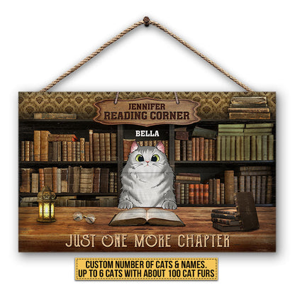 Cat Reading Corner Just One More Chapter Custom Wood Rectangle Sign, Personalized Funny Cat Wood Sign, Gift For Cat Lovers, Reading Lovers