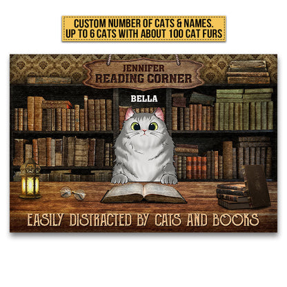 Cat Reading Corner Easily Distracted By Cats And Books Custom Doormat, Personalized Funny Cat Doormat, Gift For Cat Lovers, Reading Lovers