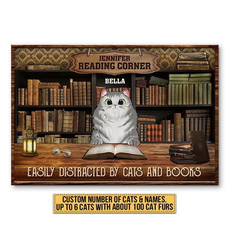 Cat Reading Corner Easily Distracted By Cats And Books Custom Poster, Personalized Funny Cat Poster, Gift For Cat Lovers, Reading Lovers