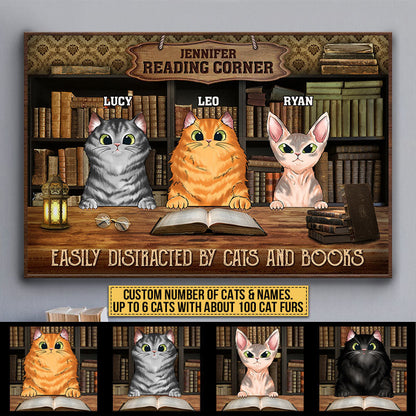 Cat Reading Corner Easily Distracted By Cats And Books Custom Poster, Personalized Funny Cat Poster, Gift For Cat Lovers, Reading Lovers