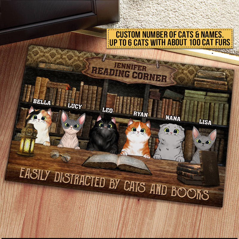 Cat Reading Corner Easily Distracted By Cats And Books Custom Doormat, Personalized Funny Cat Doormat, Gift For Cat Lovers, Reading Lovers