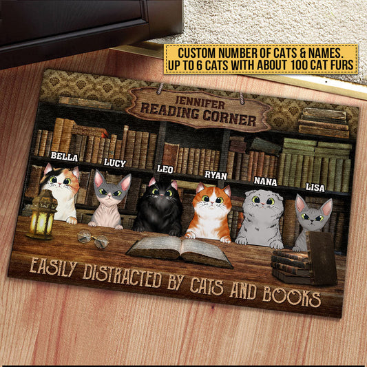 Cat Reading Corner Easily Distracted By Cats And Books Custom Doormat, Personalized Funny Cat Doormat, Gift For Cat Lovers, Reading Lovers