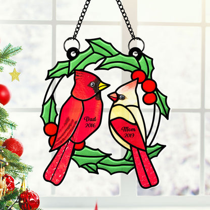 Christmas Wreath Cardinal Memorial Personalized Window Hanging Suncatcher Ornament, Sympathy Gift