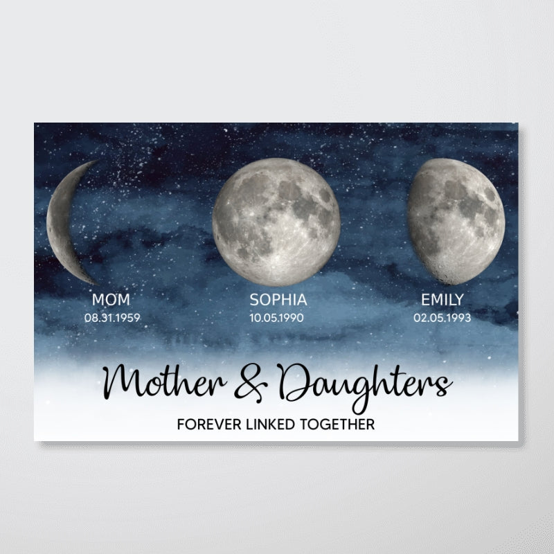 Starry Night Mother & Sons Daughters Forever Linked Together Custom Birthday Moon Phase Personalized Poster, Gift For Son, Daughter