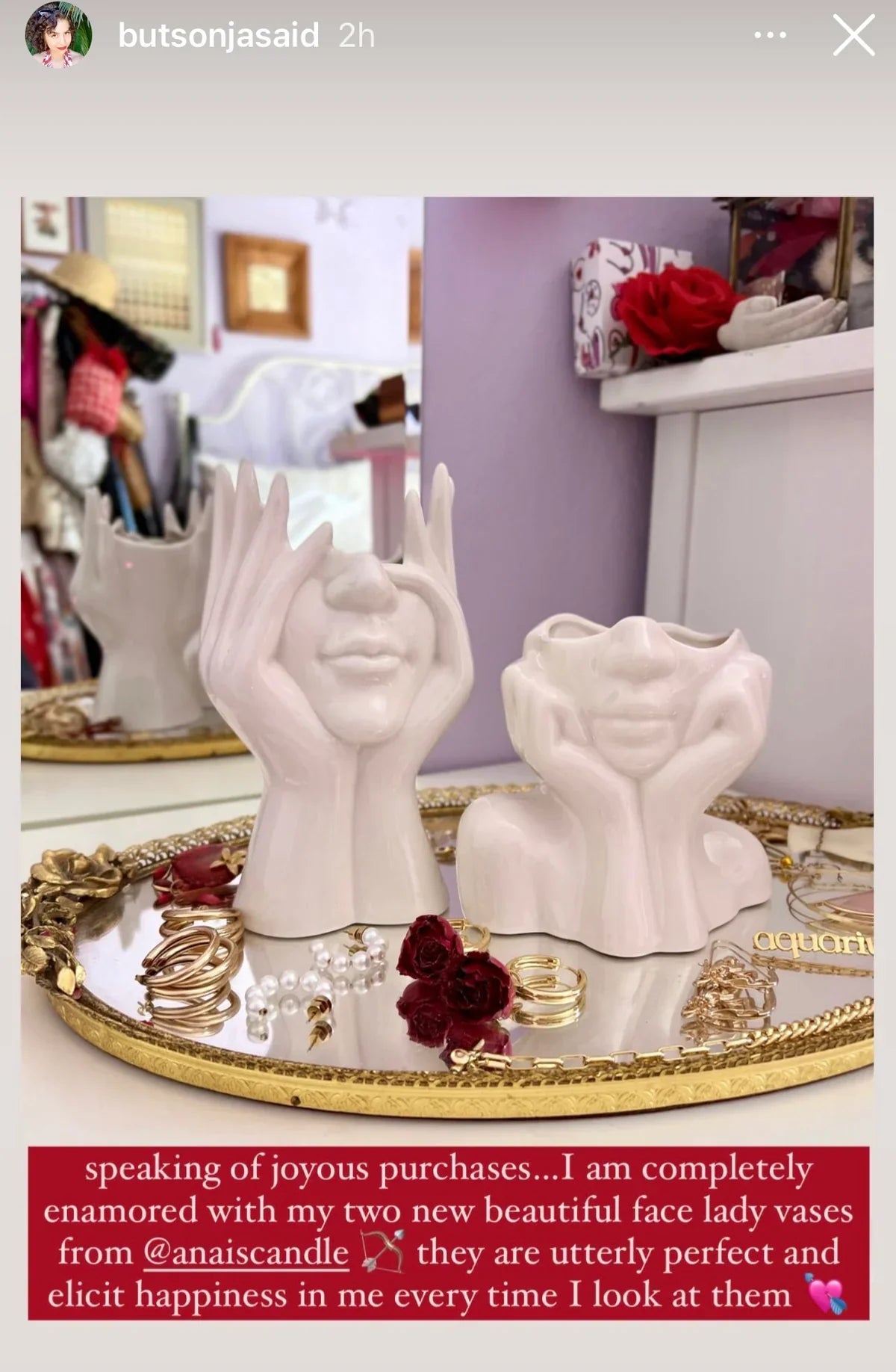 “Her” & Angelica Ceramic Vase Set of 2 on a golden mirror tray with jewelry.