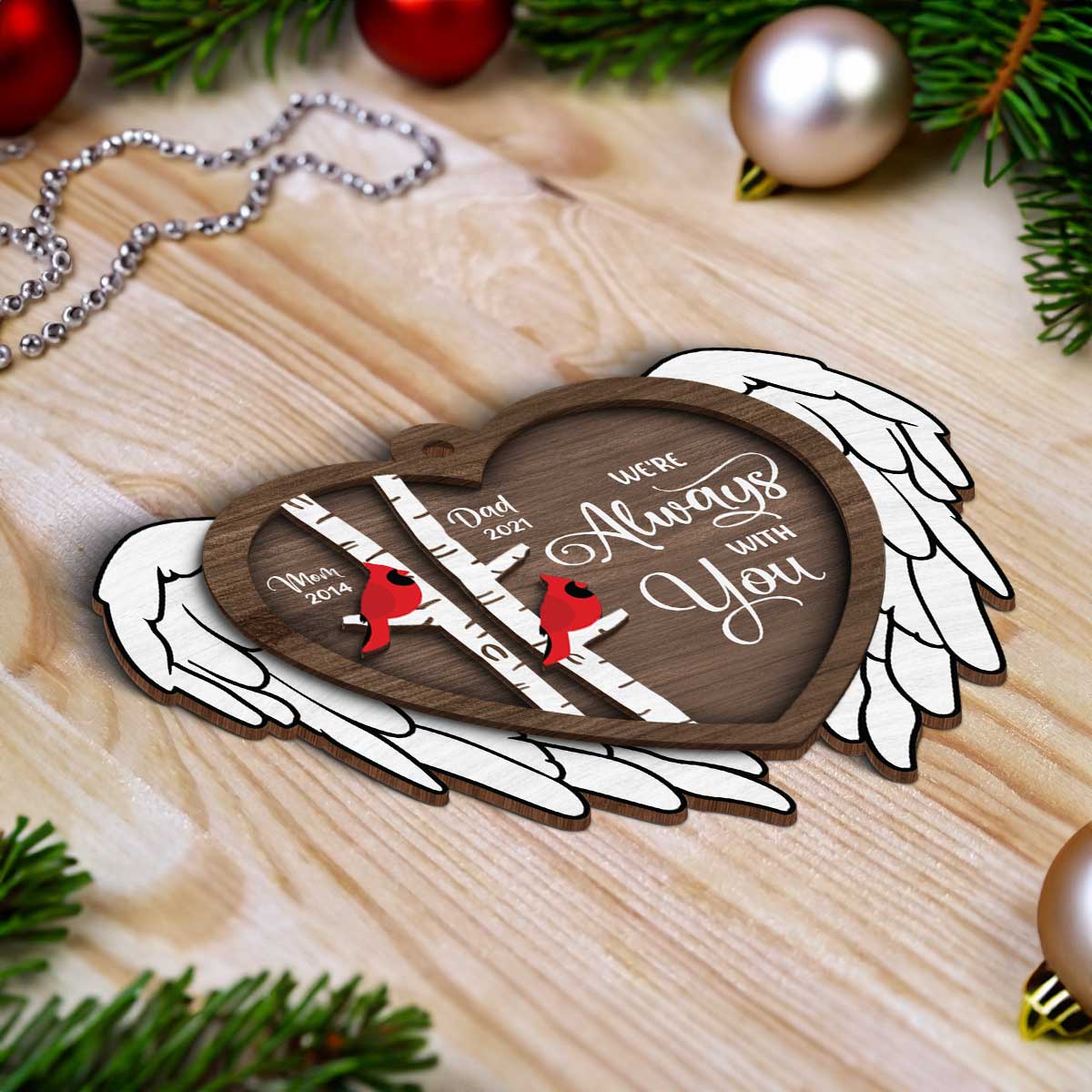 Always With You Cardinal Angel Wings Memorial Keepsake Personalized 2-Layer Wooden Ornament