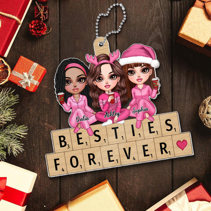 Pink Besties Sisters Sitting On Puzzple Words Personalized Acrylic Ornament, Christmas Gift For Best Friends, Sisters, Besties