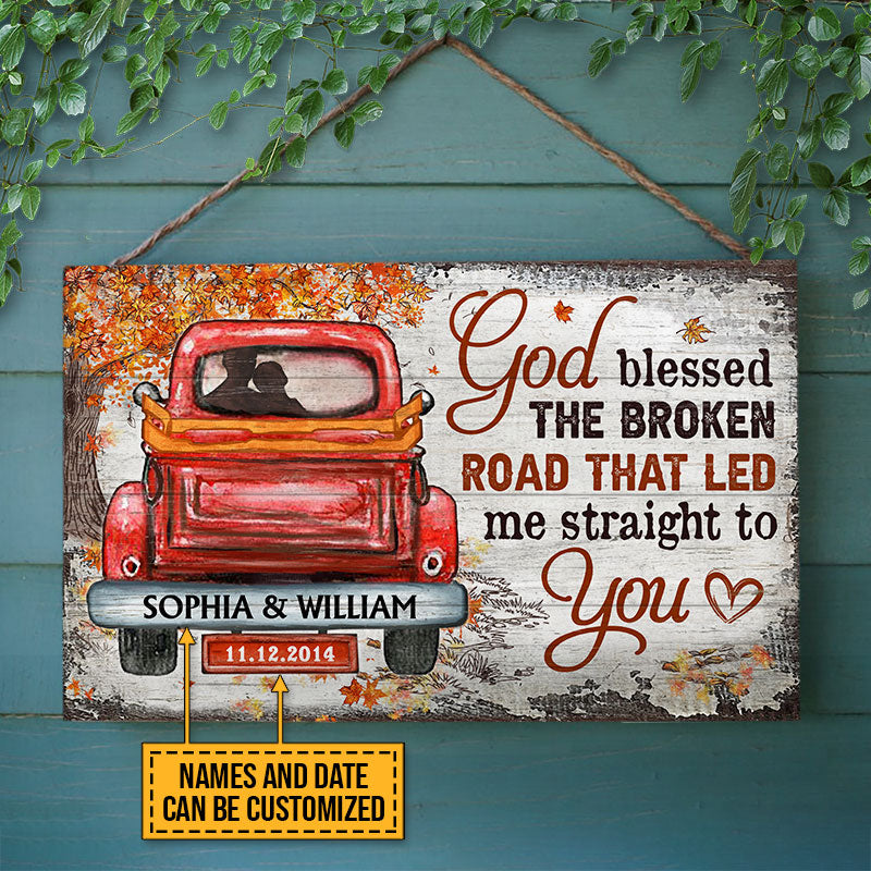 Couple Gift Husband Wife God Blessed The Broken Road Fall Leaves Custom Wood Rectangle Sign, Wedding Gift, Anniversary, Wall Art, Wall Decor