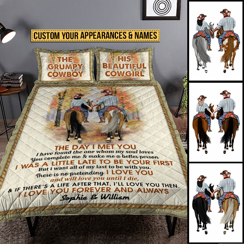 Cowboy Couple The Day I Met You Custom Quilt Bedding, Personalized Horse Couple Bedding Set, Couple Gift