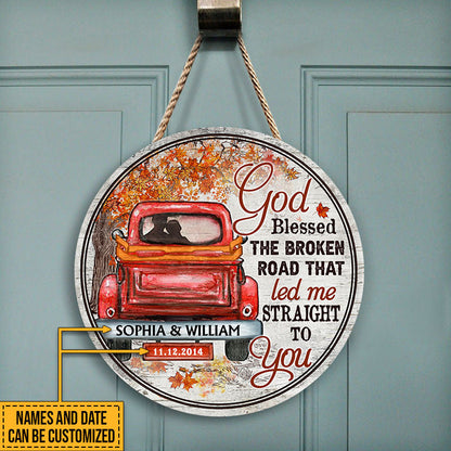 Couple Gift Husband Wife God Blessed The Broken Road Fall Leaves Custom Wood Circle Sign, Wedding Gift, Anniversary, Wall Art, Wall Decor