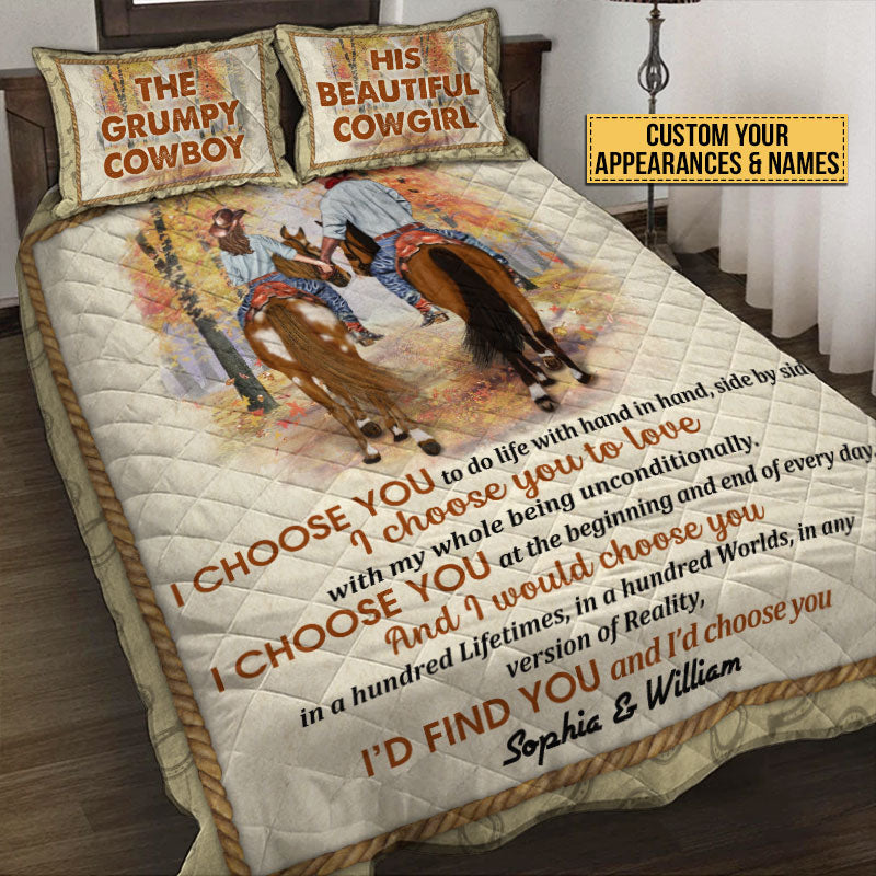 Cowboy Couple I Choose You Custom Quilt Bedding, Personalized Horse Couple Bedding Set, Couple Gift