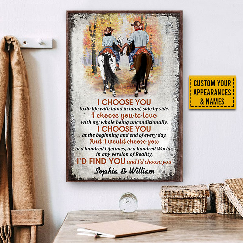 Cowboy Couple I Choose You Vertical Custom Poster, Personalized Horse Couple Wall Art, Couple Gift