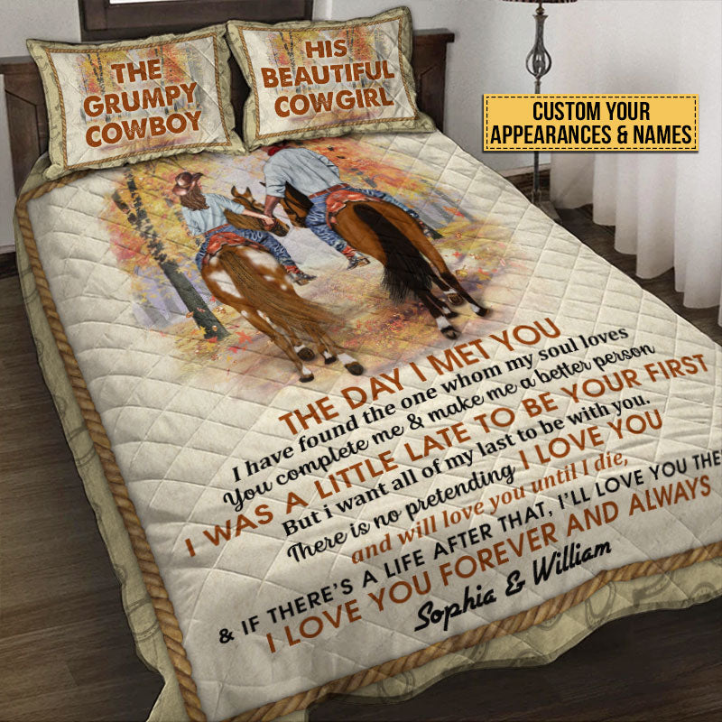 Cowboy Couple The Day I Met You Custom Quilt Bedding, Personalized Horse Couple Bedding Set, Couple Gift