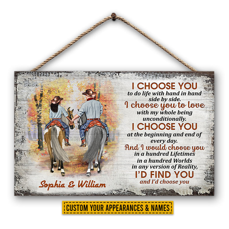 Cowboy Couple I Choose You Custom Wood Rectangle Sign, Personalized Horse Couple Wood Sign, Couple Gift