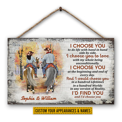 Cowboy Couple I Choose You Custom Wood Rectangle Sign, Personalized Horse Couple Wood Sign, Couple Gift