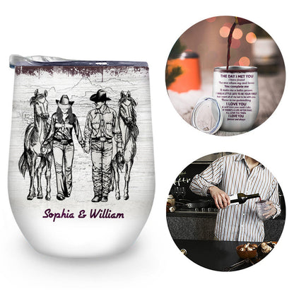 Personalized Cowboy Couple The Day I Met You Sketch Custom Wine Tumbler