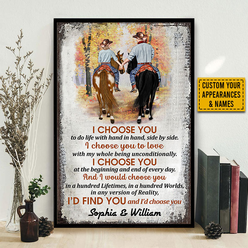 Cowboy Couple I Choose You Vertical Custom Poster, Personalized Horse Couple Wall Art, Couple Gift
