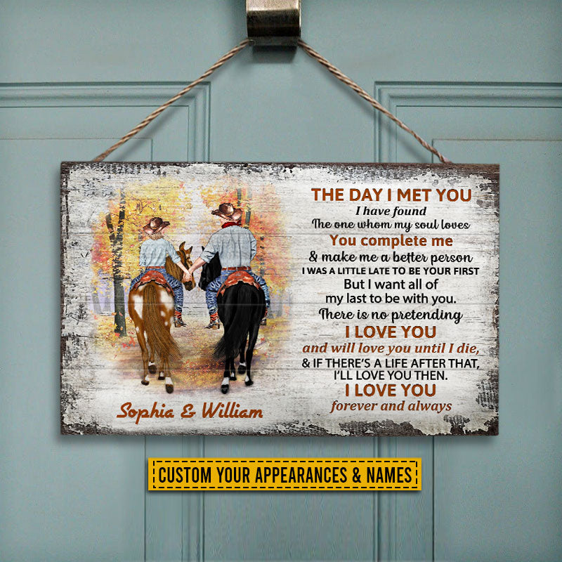 Cowboy Couple The Day I Met You Custom Wood Rectangle Sign, Personalized Horse Couple Wood Sign, Couple Gift