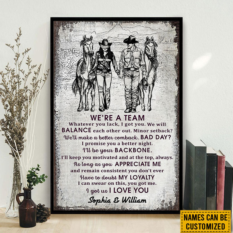 Cowboy Couple We're A Team Sketch Custom Poster, Personalized Horse Couple Wall Art, Couple Gift