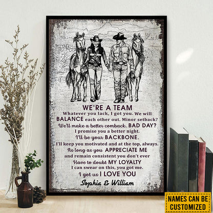Cowboy Couple We're A Team Sketch Custom Poster, Personalized Horse Couple Wall Art, Couple Gift