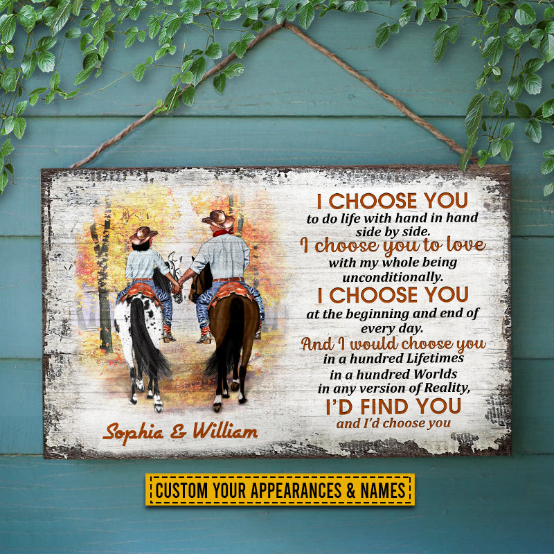 Cowboy Couple I Choose You Custom Wood Rectangle Sign, Personalized Horse Couple Wood Sign, Couple Gift
