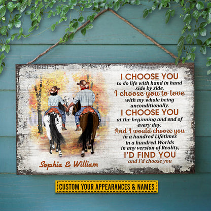 Cowboy Couple I Choose You Custom Wood Rectangle Sign, Personalized Horse Couple Wood Sign, Couple Gift