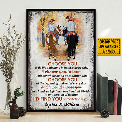 Cowboy Couple I Choose You Vertical Custom Poster, Personalized Horse Couple Wall Art, Couple Gift