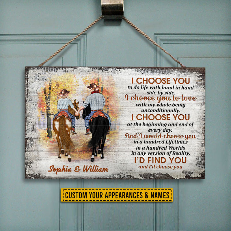 Cowboy Couple I Choose You Custom Wood Rectangle Sign, Personalized Horse Couple Wood Sign, Couple Gift