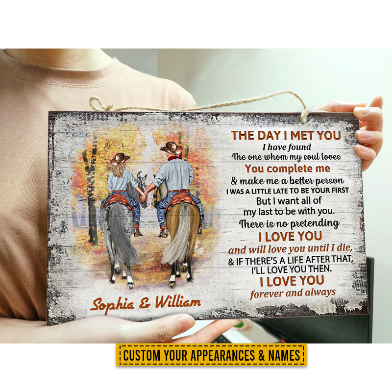 Cowboy Couple The Day I Met You Custom Wood Rectangle Sign, Personalized Horse Couple Wood Sign, Couple Gift
