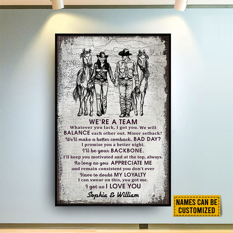Cowboy Couple We're A Team Sketch Custom Poster, Personalized Horse Couple Wall Art, Couple Gift