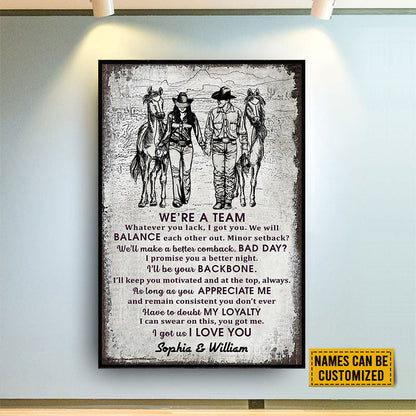 Cowboy Couple We're A Team Sketch Custom Poster, Personalized Horse Couple Wall Art, Couple Gift