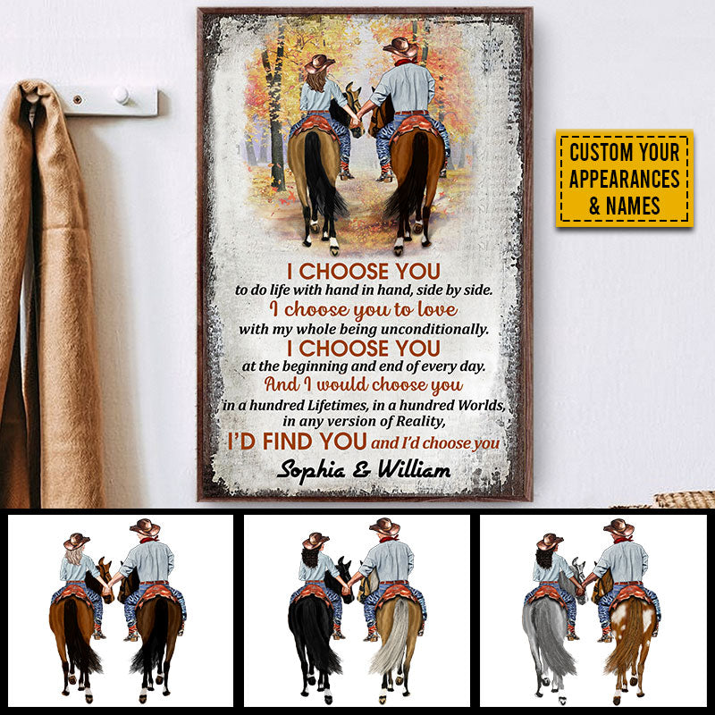 Cowboy Couple I Choose You Vertical Custom Poster, Personalized Horse Couple Wall Art, Couple Gift