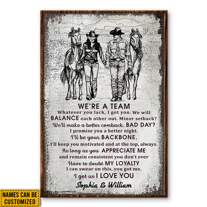Cowboy Couple We're A Team Sketch Custom Poster, Personalized Horse Couple Wall Art, Couple Gift