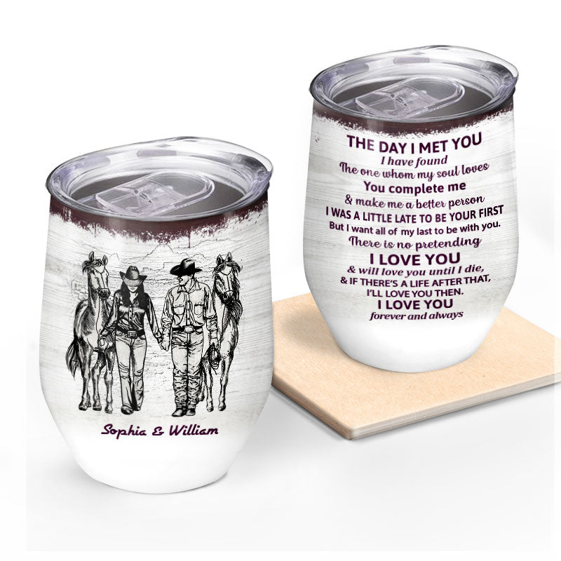 Personalized Cowboy Couple The Day I Met You Sketch Custom Wine Tumbler