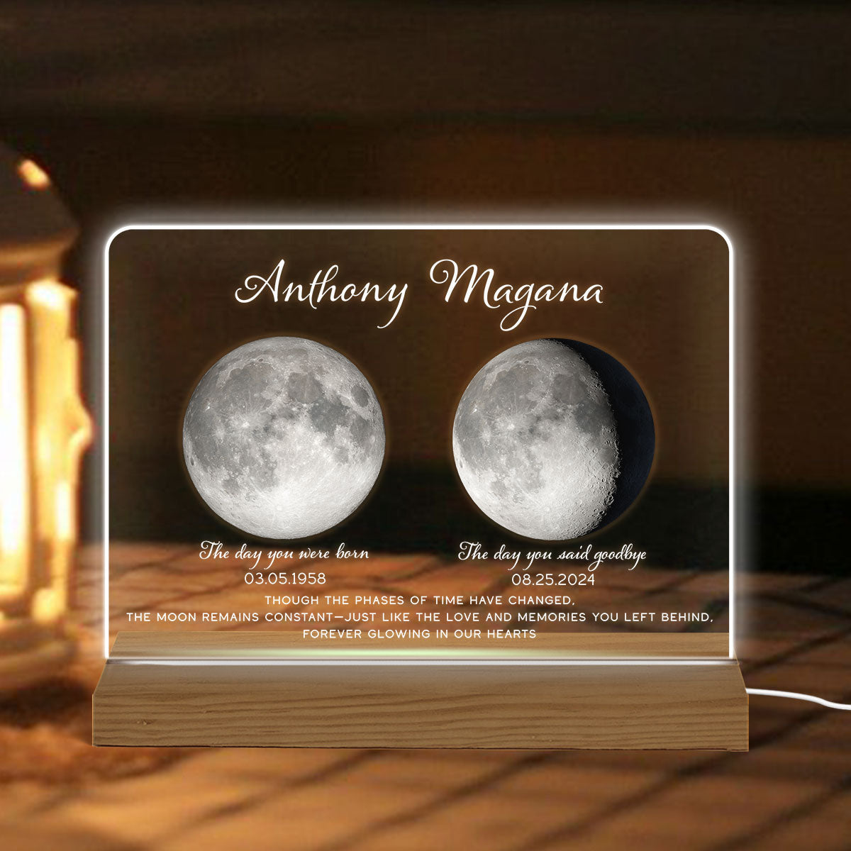 Memorial Keepsake Lost Loved One Moon Phase Art Sympathy Gift Personalized Acrylic Plaque With LED Night Light