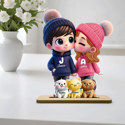 3D Cute Cartoon Couple You Me And The Dog Cat Personalized Standing Wooden Plaque, Valentine's Day Gift for Him, Gift for Her